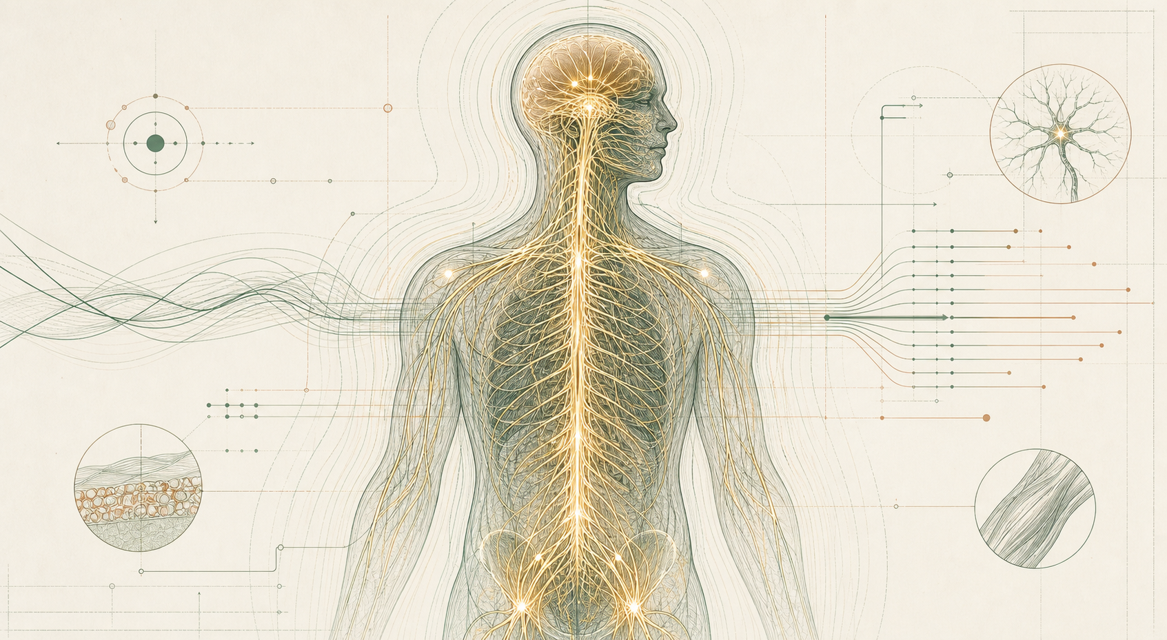 Scientific illustration of the nervous system, energy fields, and signal pathways